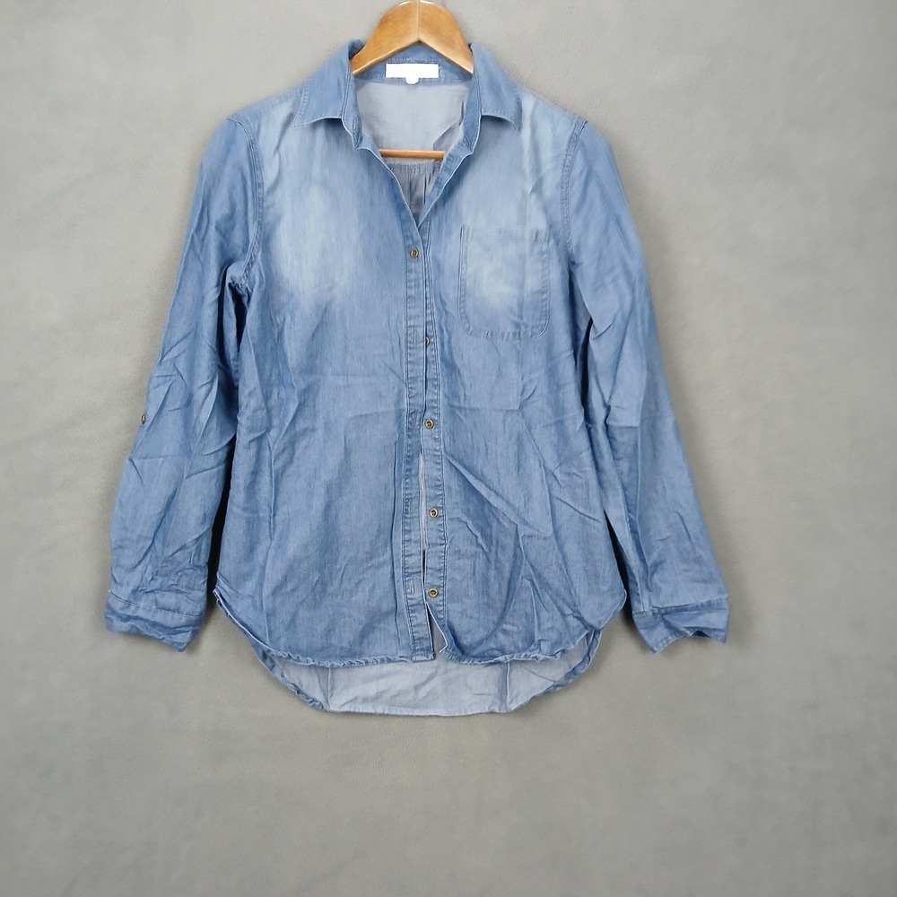 Love Tree Denim Shirt Womens Small Blue Cotton Pleated Casual Roll Tab Sleeve